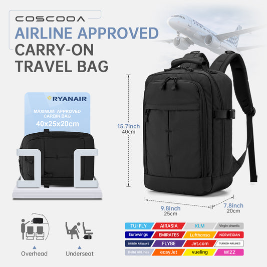 17x10x9 inch/40x20x25 CM Travel Backpack 20L,United Airlines Personal Item Bag ,Flight Approved Underseat Ryanair Carry on Luggage Bag,Mochila de Viaje,Cabin Size Backpack Black