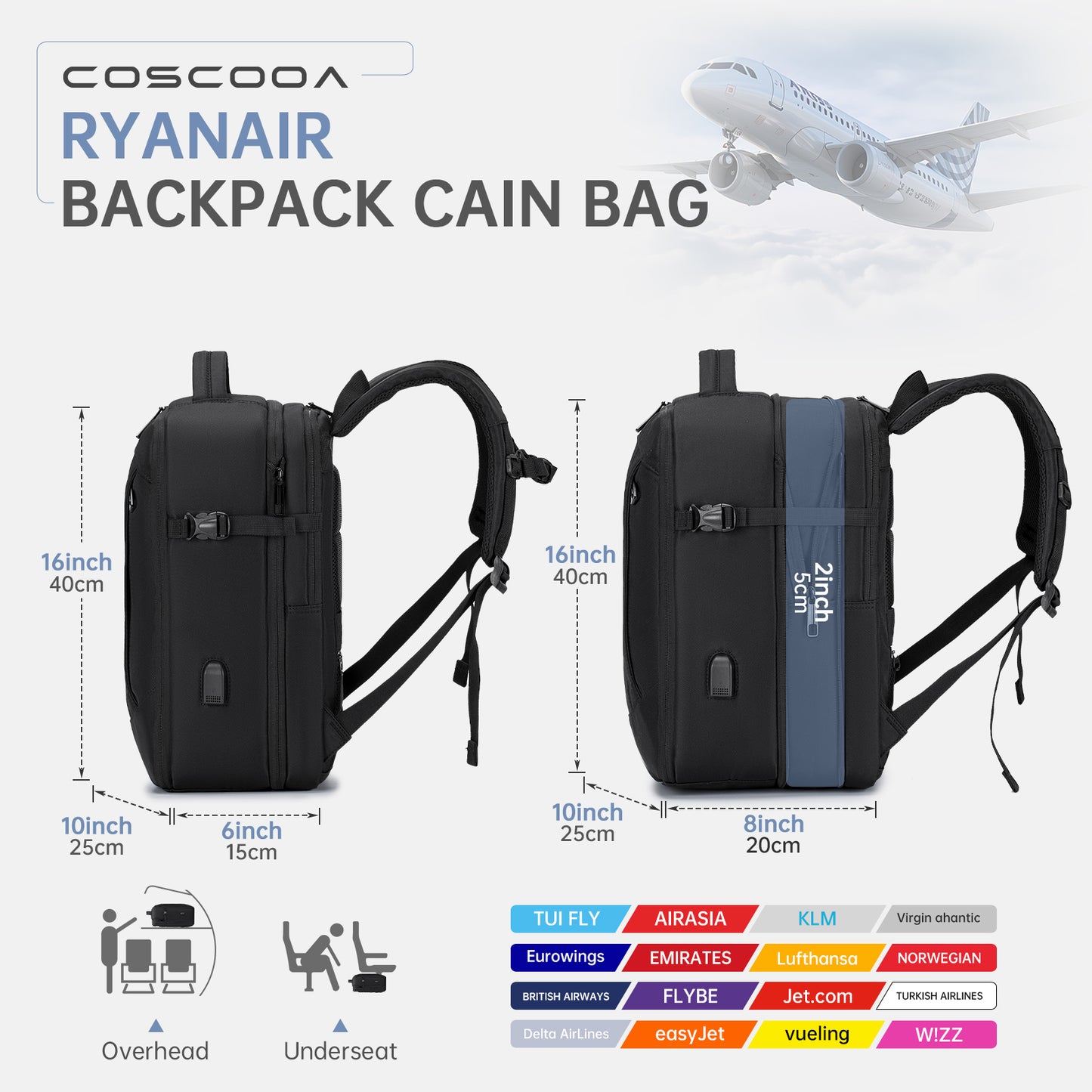 17x10x9 inch/40x20x25 CM Expandable Travel Backpack 20-30L,Cabin Size United Airlines Personal Item Bag ,Flight Approved Underseat Ryanair Carry on Luggage Bag,Mochila de Viaje