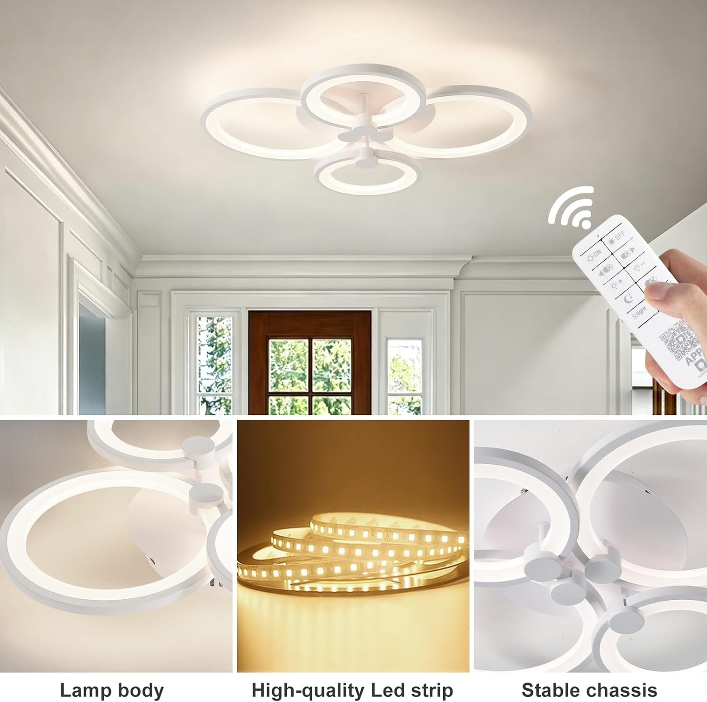 QNNP LED Ceiling Lights Dimmable Flush Mount Chandelier, 4-Ring Modern Acrylic LED Ceiling Lamp Fixture with Remote Control Indoor Low-Profile Lighting for Living Room
