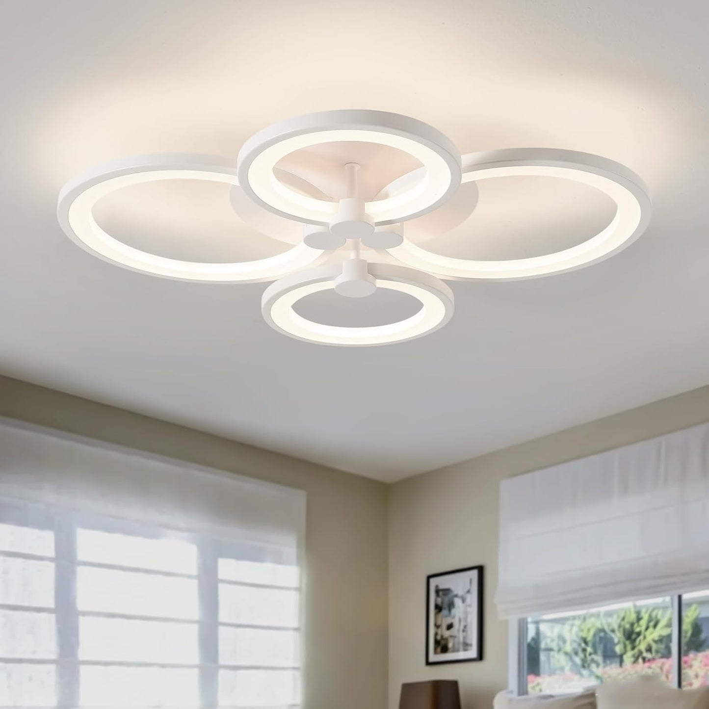 QNNP LED Ceiling Lights Dimmable Flush Mount Chandelier, 4-Ring Modern Acrylic LED Ceiling Lamp Fixture with Remote Control Indoor Low-Profile Lighting for Living Room