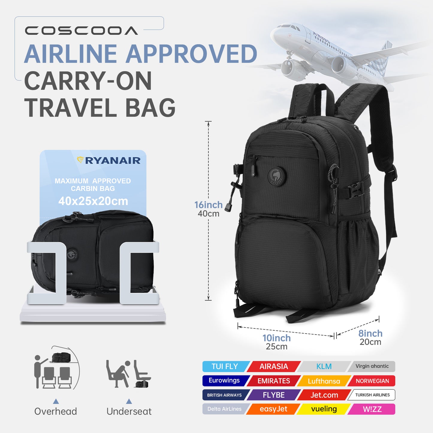 40x20x25 cm Carry On Backpack 20L,Ryanair Personal Item  bag,Flight Approved Underseat Travel Luggage Bag,Mochila de Viaje,Cabin Size Lightweight Backpack