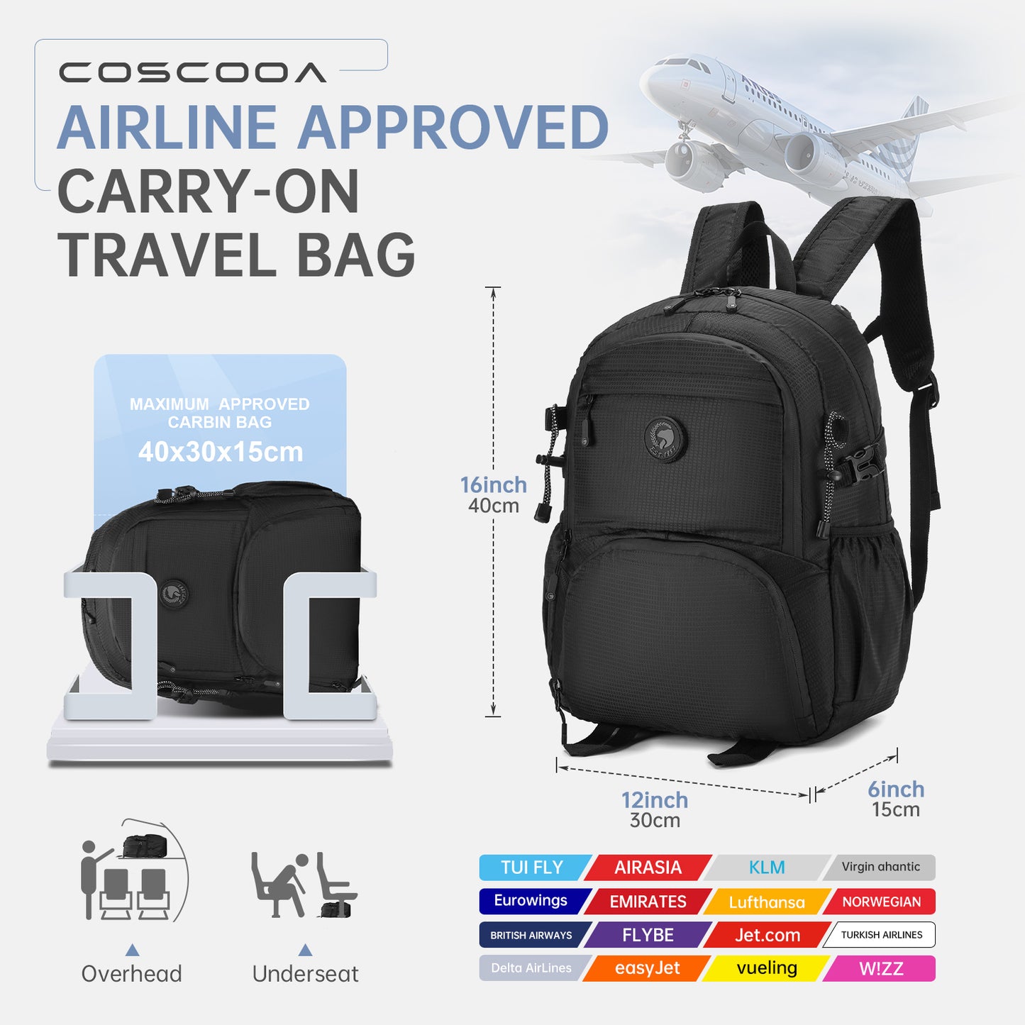 40x20x25 cm Carry On Backpack 20L,Ryanair Personal Item  bag,Flight Approved Underseat Travel Luggage Bag,Mochila de Viaje,Cabin Size Lightweight Backpack