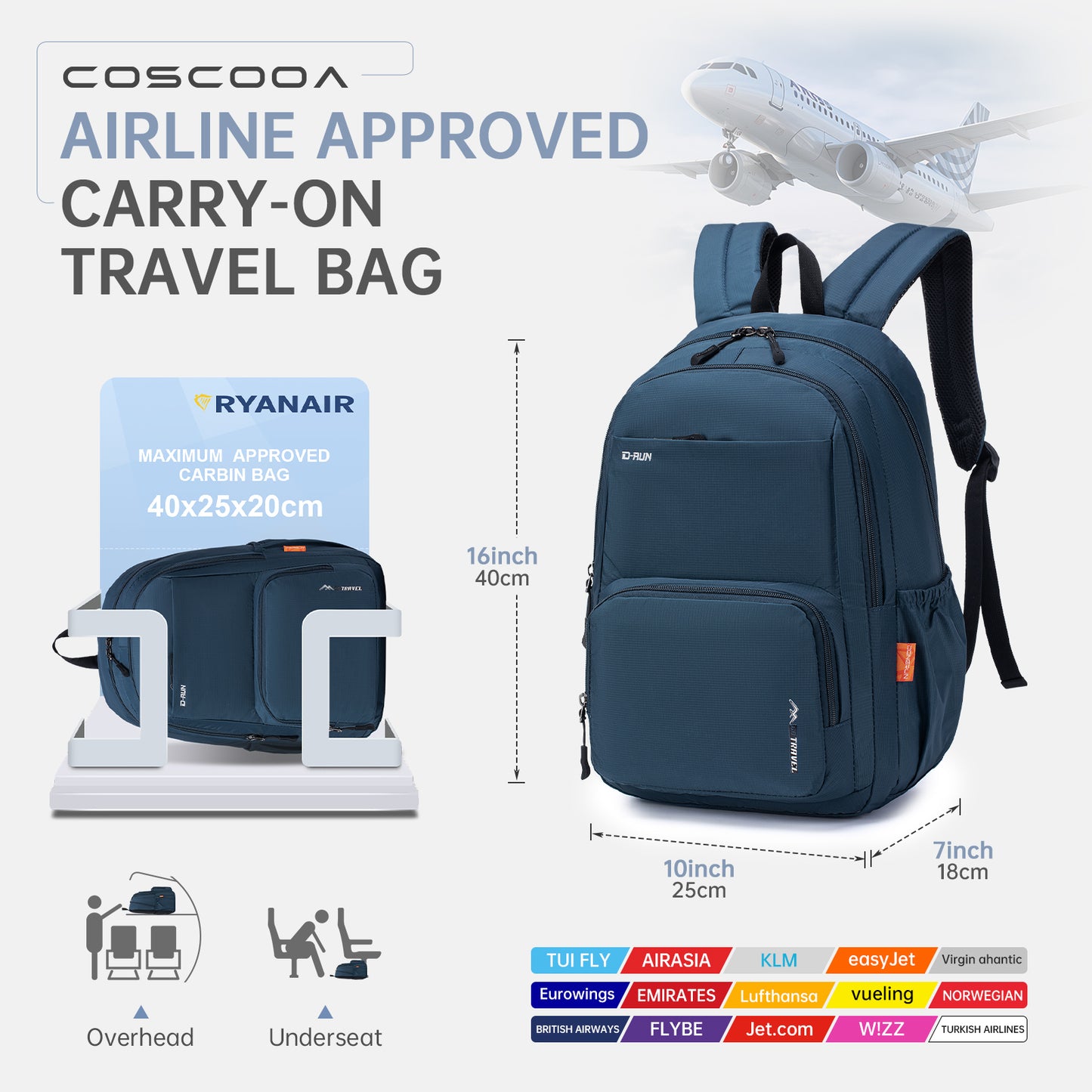 17x10x9 in/40x20x25 CM Backpack 20L,United Airlines Personal Item Bag  Flight Approved Underseat Ryanair 40x20x25 CM Carry on Luggage Bag,Mochila de Viaje,Cabin Size Backpack