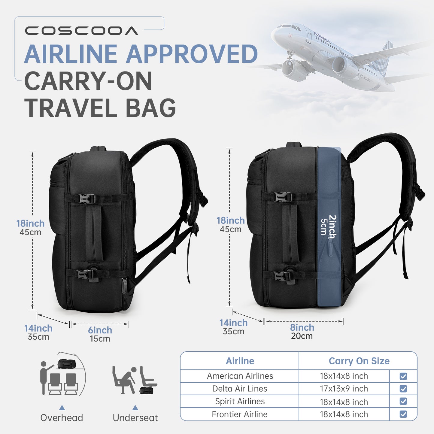 Expandable Carry On Travel Backpack,For Frontier Airlines Personal Item Bag 18x14x8 Underseat Travel Duffel Bag,17 inch Laptop Backpack Flight Approved