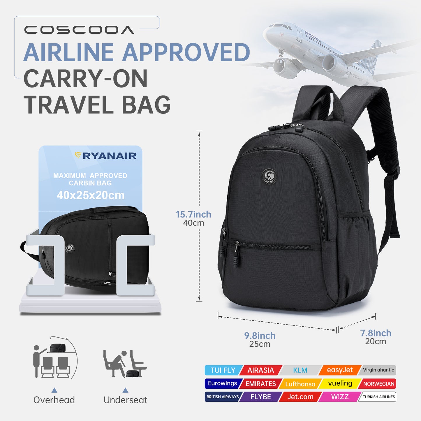 17x10x9,40x20x25 CM United Airlines Personal Item Bag Small Carry On Backpack 20LFlight Approved Underseat Ryanair  Travel Luggage Bag, Mochila de Viaje,Cabin Size Lightweight Backpack