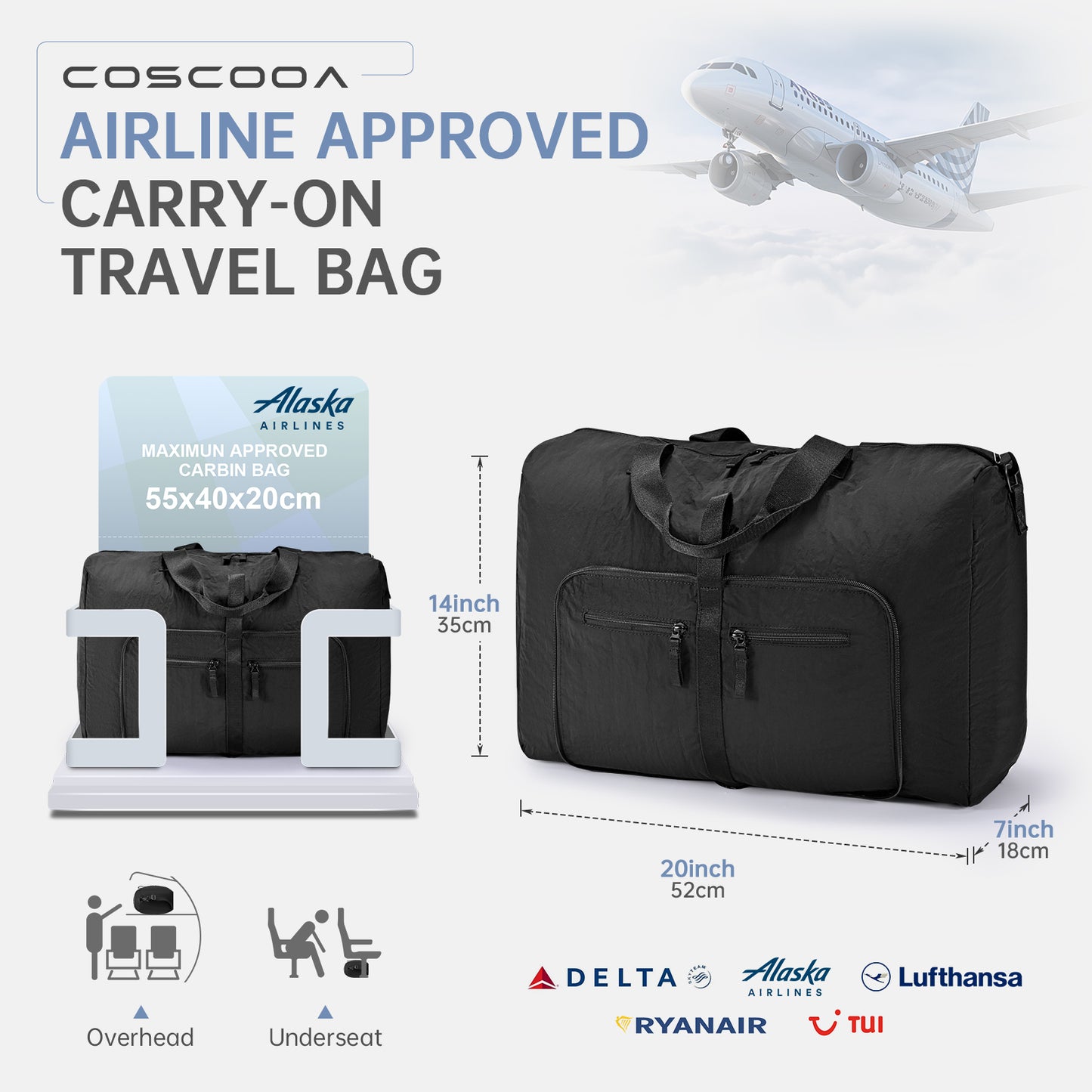 Lightweight Ryanair Carry on Bag 55x40x20 cm Personal Item Bag for Airlines, 45L Foldable Travel Duffel Bag for Women Men, Waterproof Weekender Overnight Hospital Bags for Labor and Delivery
