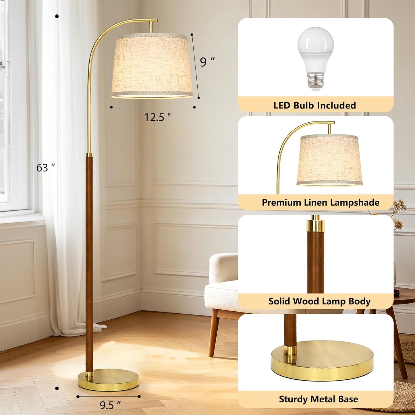 QNNP  Wood Arc Floor Lamp,63" Tall Mid Century Modern Standing Lamp with Foot Switch & 3 Color Temperatures, Lights for use in growing plants