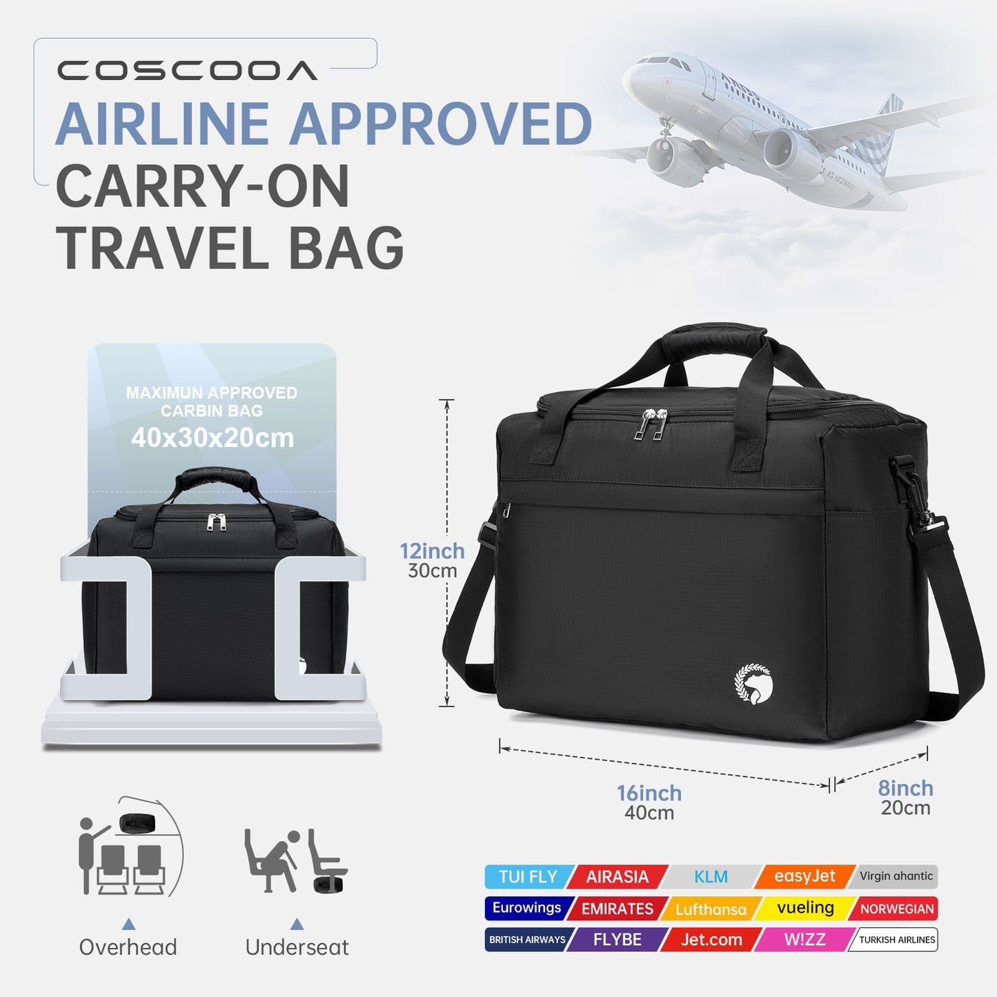 40x30x20 cm Travel Bag, Lightweight Personal Item Bag for Airlines,16x12x8 inch Carry on Luggage,25L Foldable Travel Duffel Bag for Women Men,Waterproof Weekender Overnight Hospital Bags