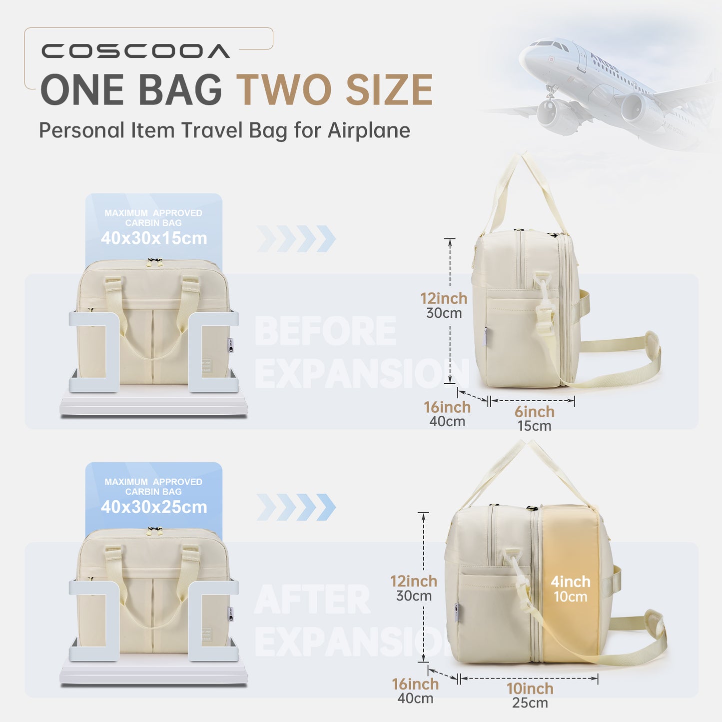 40x30x15 cm Personal Item Travel Bag,Expandable 40x30x25cm Carry on Duffel Bag,Flight Approved Underseat Weekender Overnight Bag with Wet Pocket