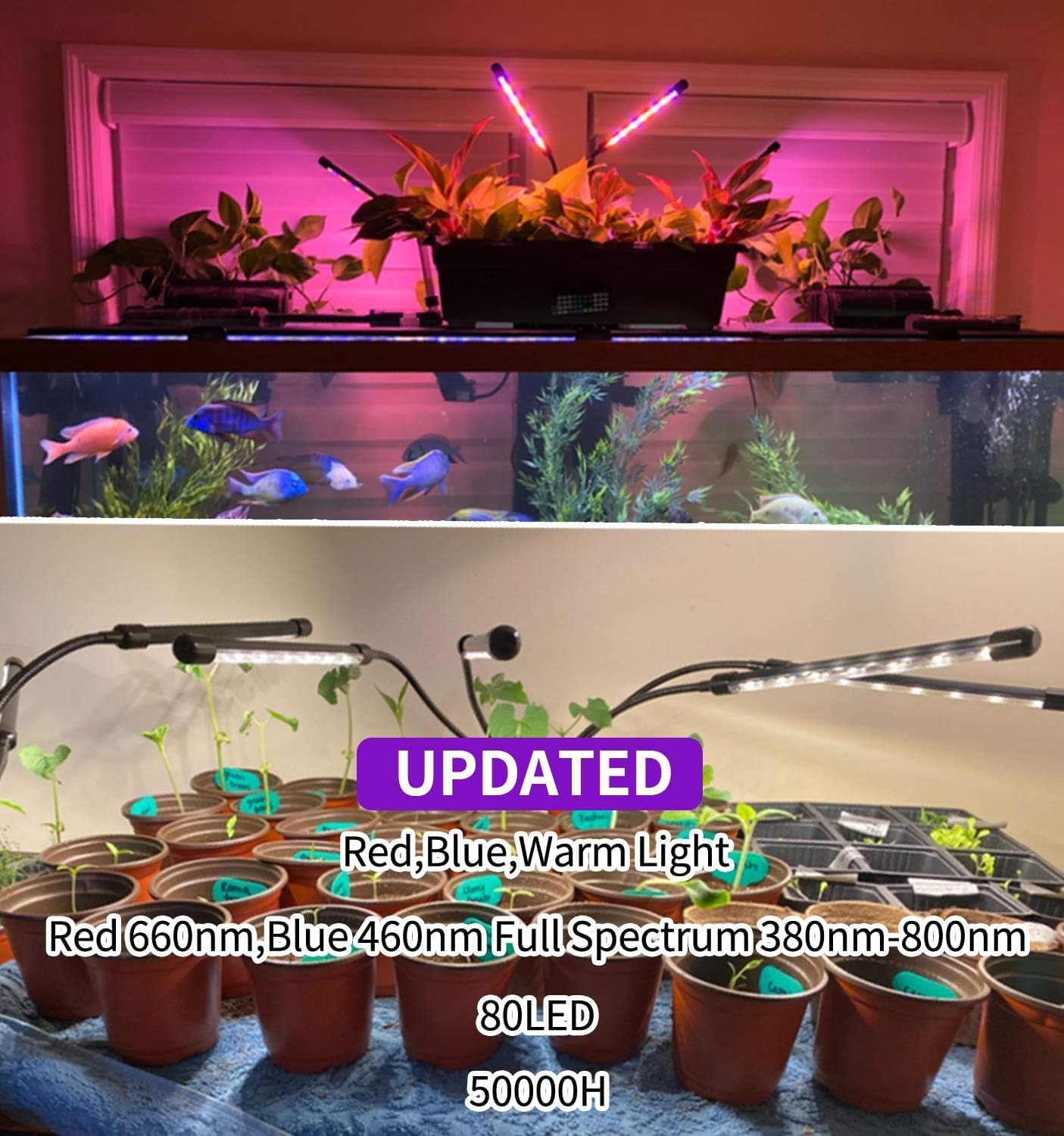 QNNP Grow Light for Indoor Plants - Upgraded Version 80 LED Lamps with Full Spectrum & Red Blue Spectrum, 3/9/12H Timer, 10 Dimmable Level, Adjustable Gooseneck,3 Switch Modes
