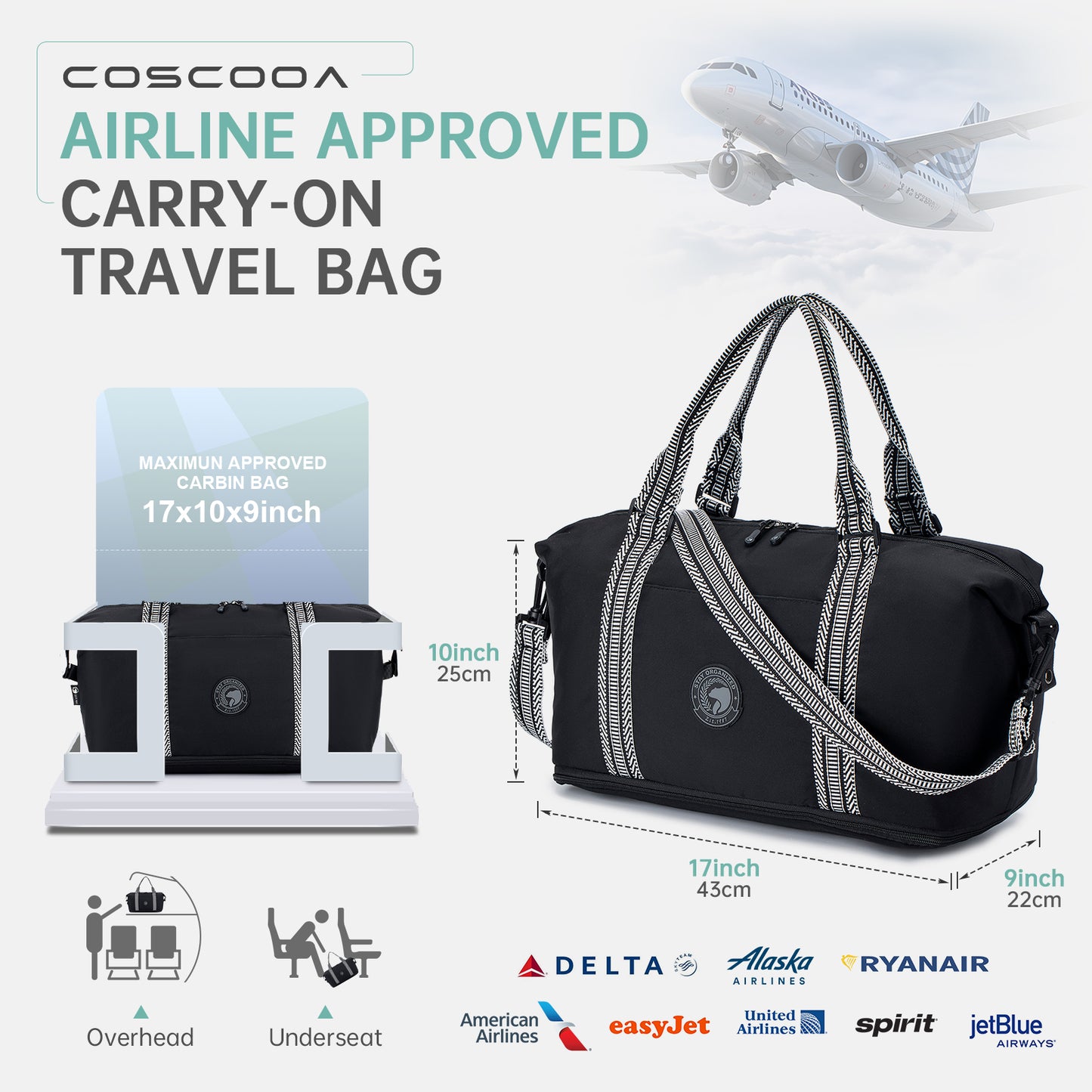 9x10x17 Personal Item Bag,Expandable 20-30L Weekender Overnight Tote Bag, United Airlines 17x10x9 inch Duffel Bag