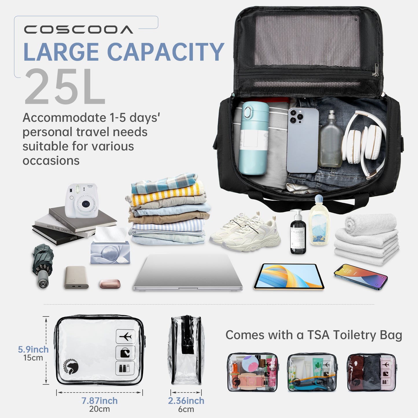 40x30x20 cm Travel Bag, Lightweight Personal Item Bag for Airlines,16x12x8 inch Carry on Luggage,25L Foldable Travel Duffel Bag for Women Men,Waterproof Weekender Overnight Hospital Bags