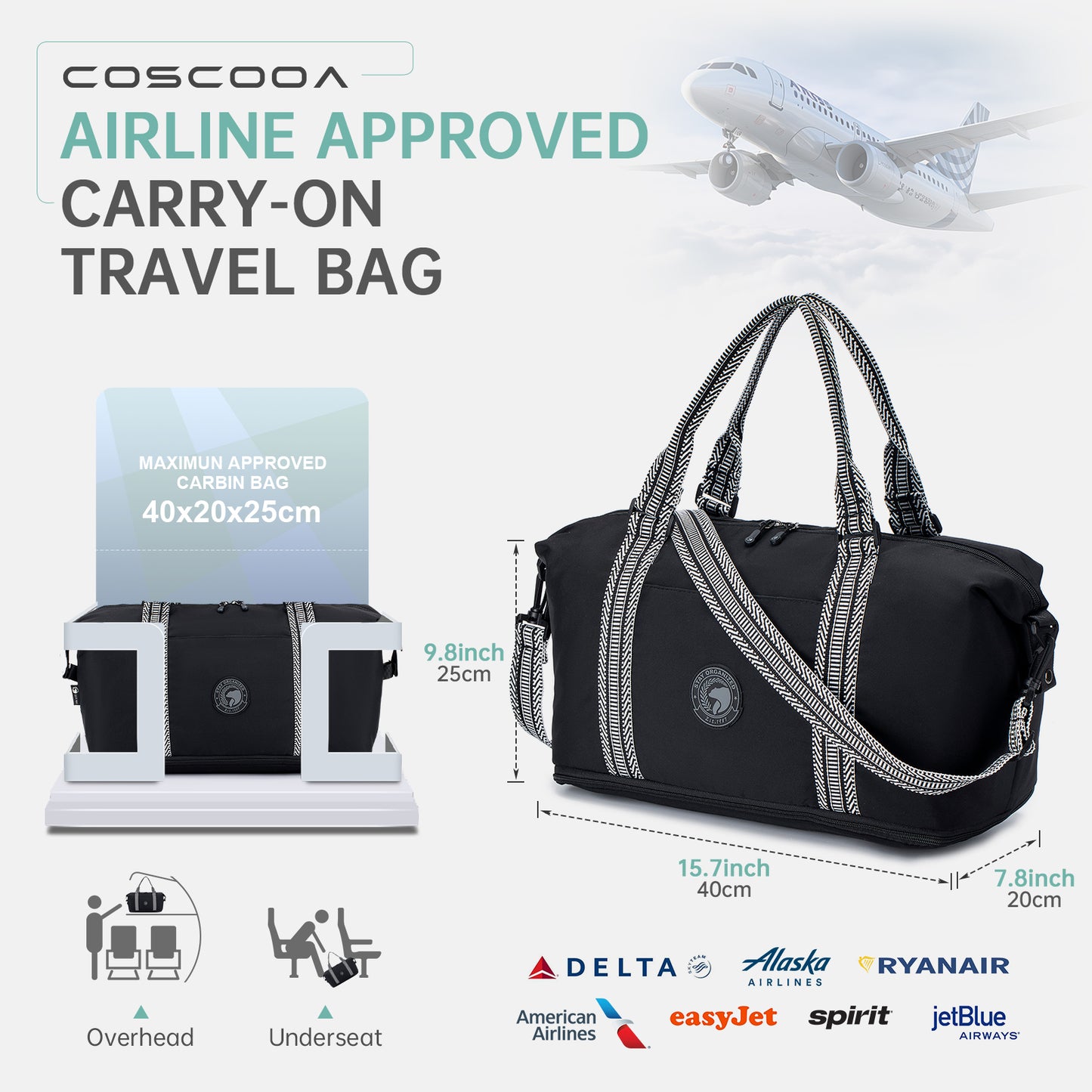 9x10x17 Personal Item Bag,Expandable 20-30L Weekender Overnight Tote Bag, United Airlines 17x10x9 inch Duffel Bag