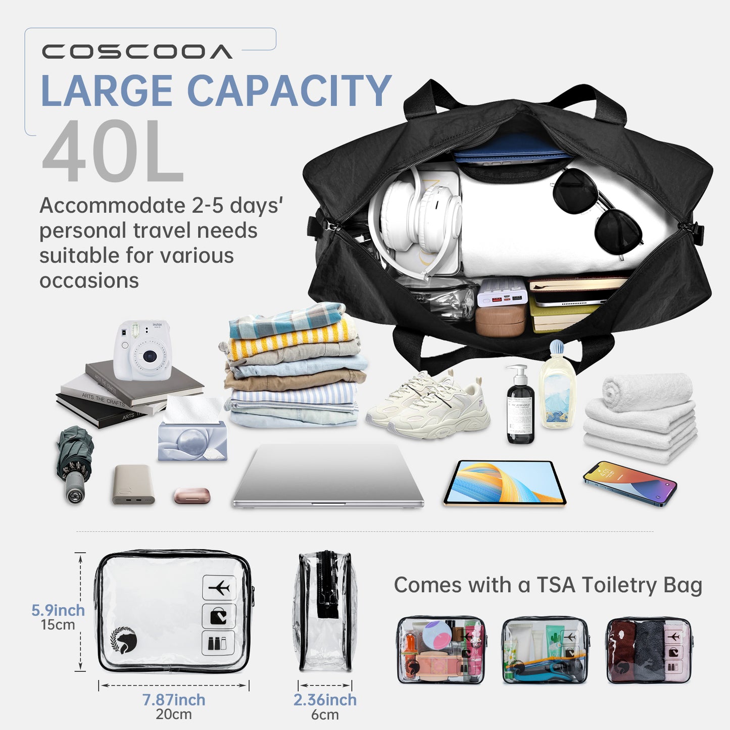 Lightweight Ryanair Carry on Bag 55x40x20 cm Personal Item Bag for Airlines, 45L Foldable Travel Duffel Bag for Women Men, Waterproof Weekender Overnight Hospital Bags for Labor and Delivery