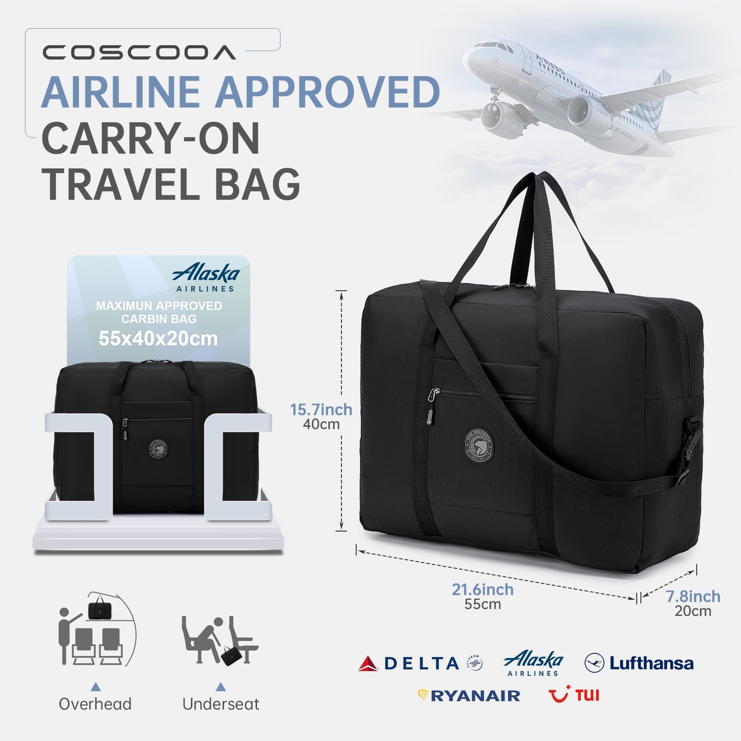 55x40x20 cm Lightweight Ryanair Carry on Bag Personal Item Bag for Airlines,24x16x10 Carry on Luggage,45L Foldable Travel Duffel Bag for Women Men,Waterproof Weekender Overnight Hospital Bags