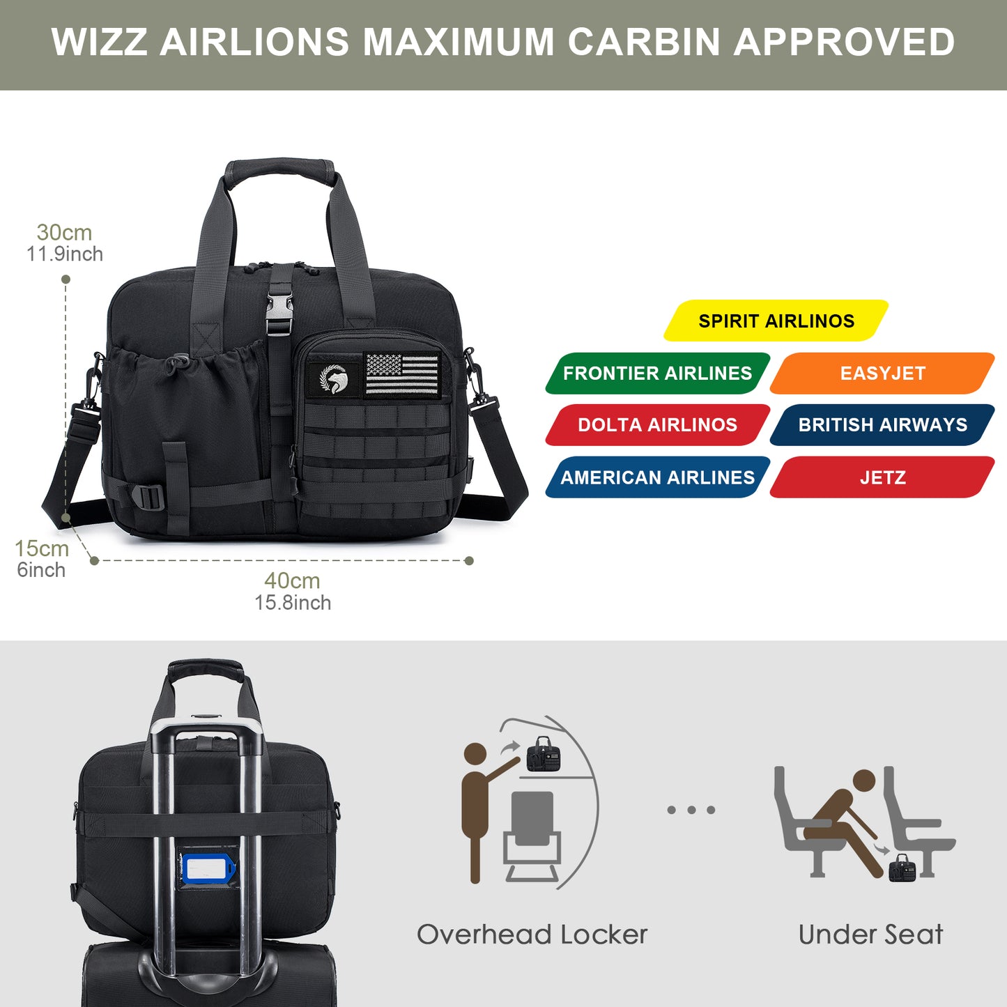 40x30x15cm / 16x12x6 inch Carry On Travel Duffle Bag  Personal item Bag for Airplane,Under Seat 15.6 inch Laptop Bag Black