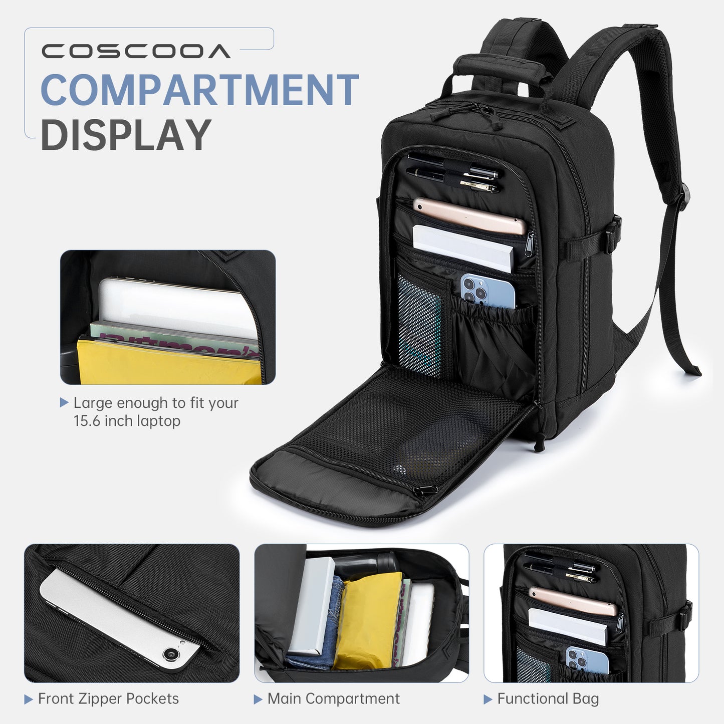 17x10x9 inch/40x20x25 CM Travel Backpack 20L,United Airlines Personal Item Bag ,Flight Approved Underseat Ryanair Carry on Luggage Bag,Mochila de Viaje,Cabin Size Backpack Black