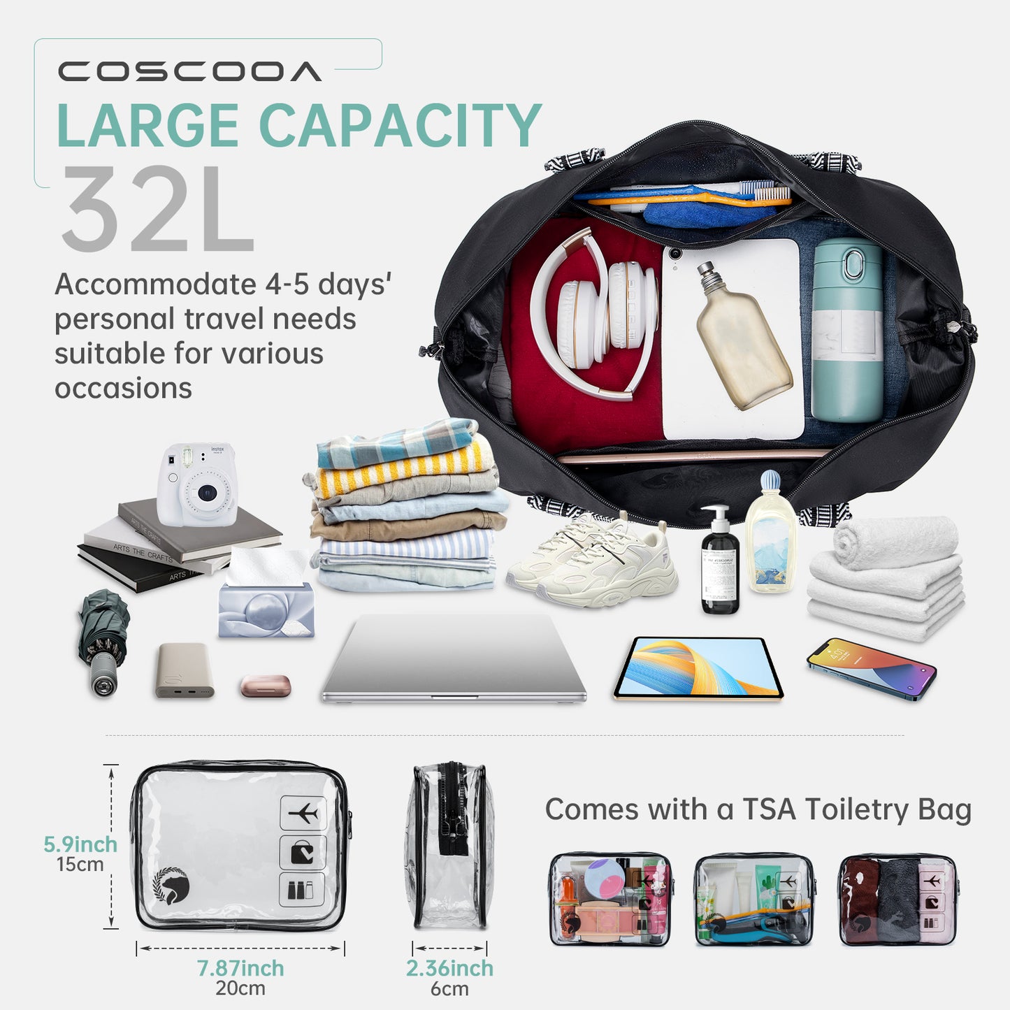 14x18x8 Travel Bag Frontier Airlines Personal Item Bag with Shoe Compartment Tote Carry on Luggage 32L Weekender Overnight for Women Men Black