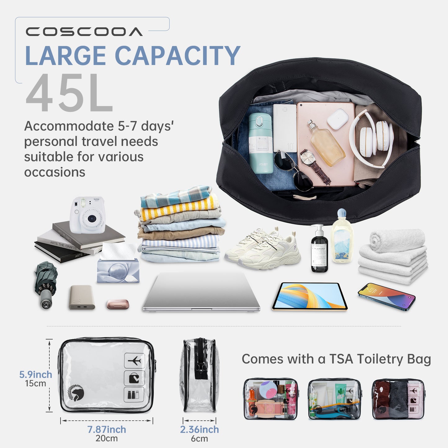 55x40x20 cm Lightweight Ryanair Carry on Bag Personal Item Bag for Airlines,24x16x10 Carry on Luggage,45L Foldable Travel Duffel Bag for Women Men,Waterproof Weekender Overnight Hospital Bags