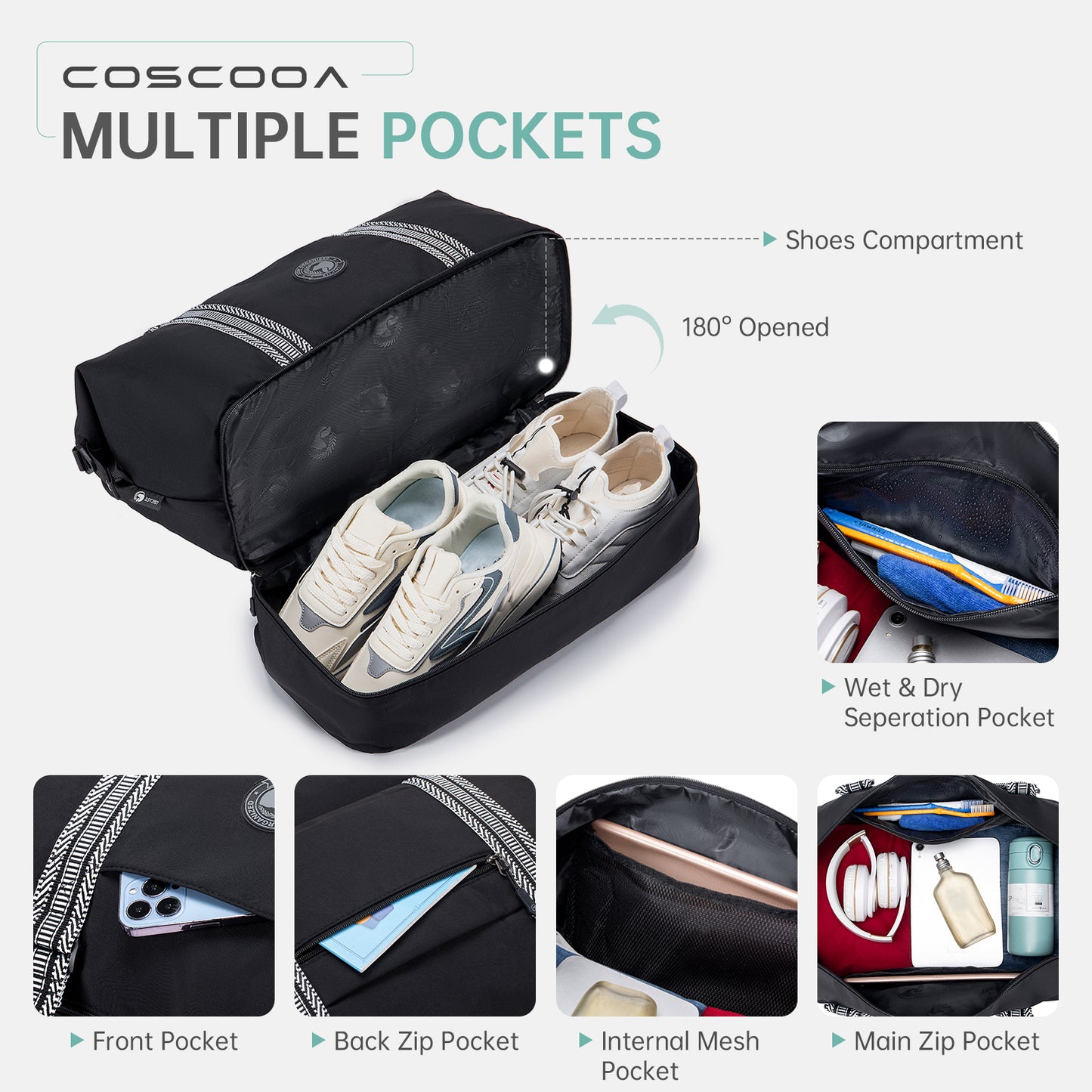 14x18x8 Travel Bag Frontier Airlines Personal Item Bag with Shoe Compartment Tote Carry on Luggage 32L Weekender Overnight for Women Men Black